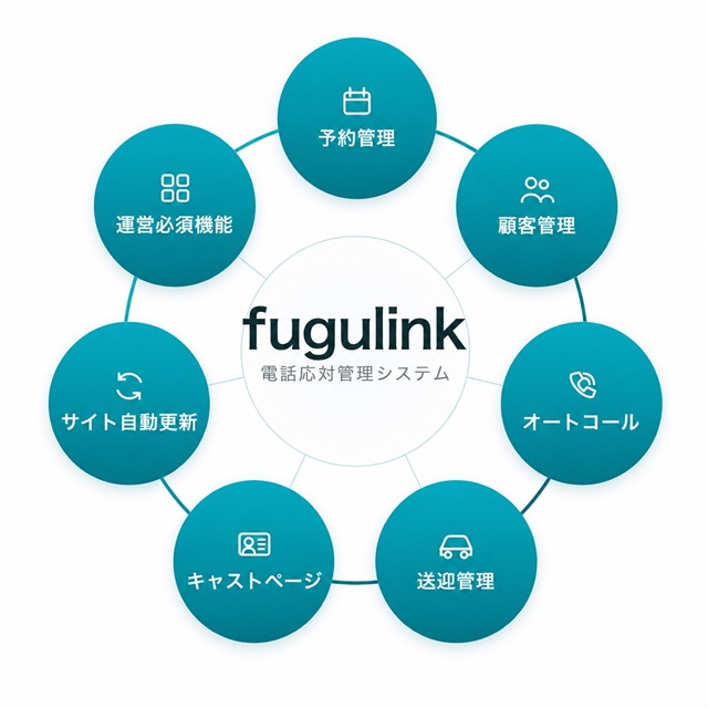 fugulinkを中心に、予約管理・顧客管理・オートコール・送迎管理・キャストページ・サイト自動更新などの機能が循環する図